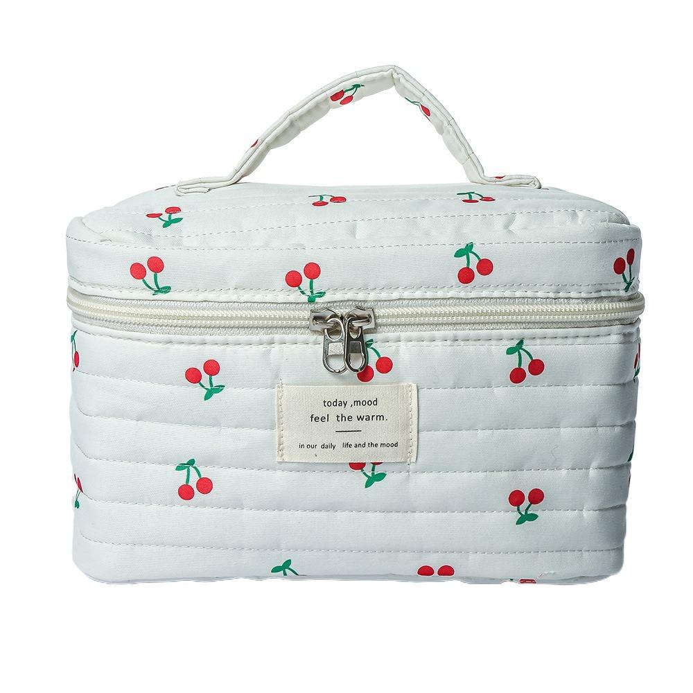 Retro Cherry Print Makeup Bag Cute Large Capacity Toiletry Bag Multifunctional Quilted Cotton Pencil Case Makeup Storage