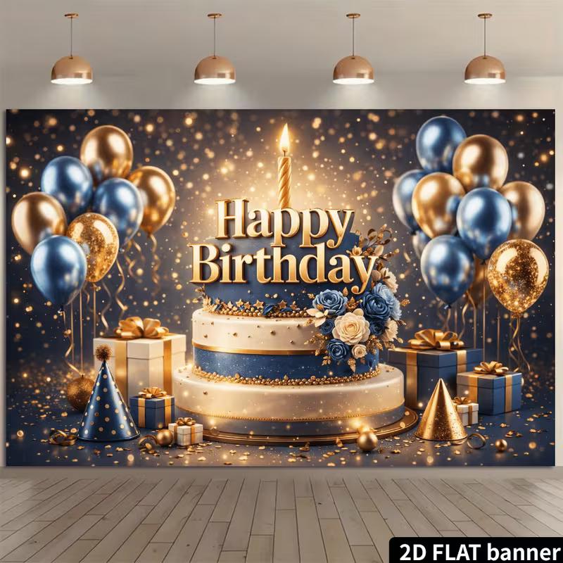2D Luxury Sparkly Blue Gold Birthday Tapestry with Cake