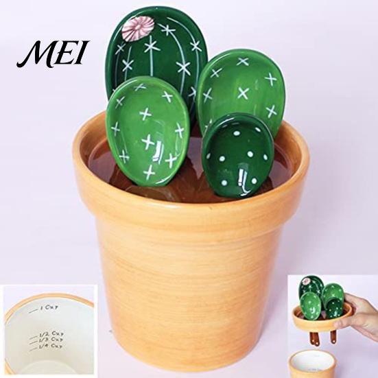 Bloempot Maatlepels Set 4 Stuks Lepels Set, Keramische Nestelbare Bekers met Standaard, Dagelijks Gebruik Schattig Keuken Bakgereedschap voor Koffie Thee, Cadeau