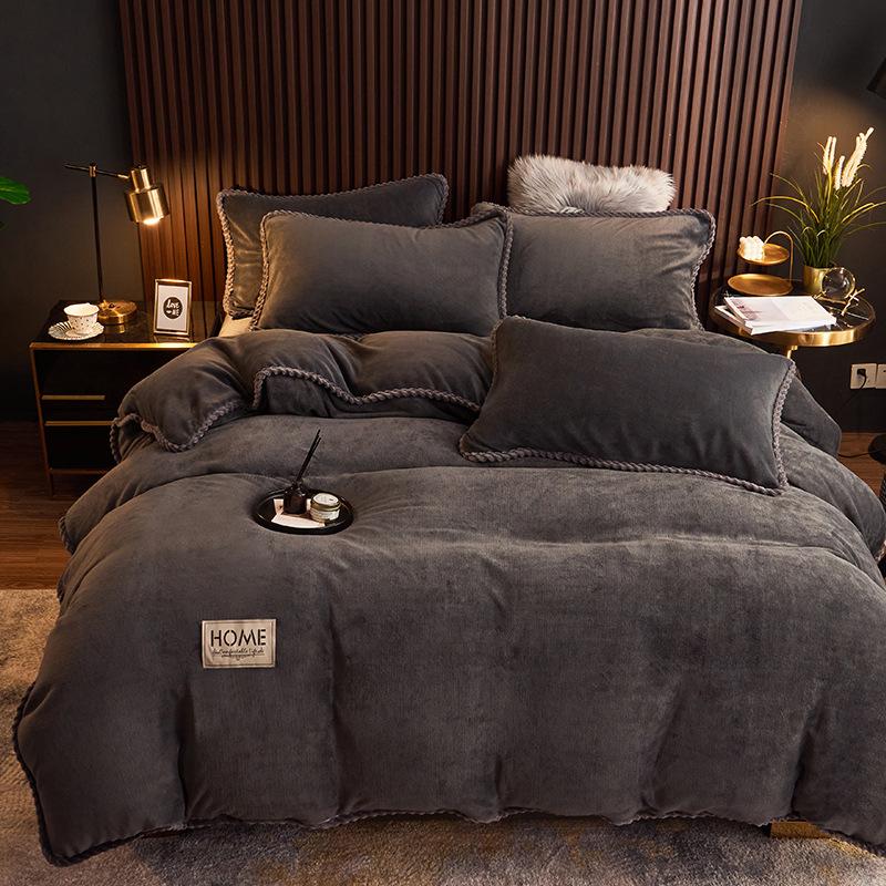 Thickened milk fleece four-piece set crystal fleece thermal bed sheet double-sided fleece quilt cover solid color