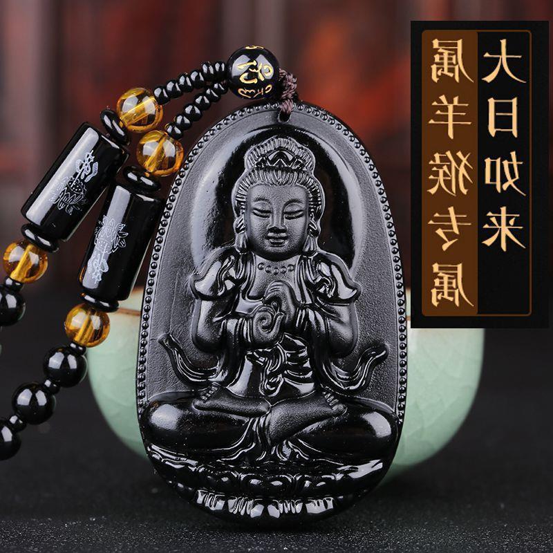 Black Obsidian Buddha Pendant Carved Design Beaded Chain Daily Wear Lucky Gift For Men Women