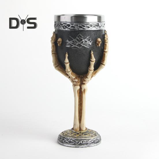 Horrible Resin Skull Head Stainless Steel Wine Cup Goblet Skull Wine Chalice Cup Gothic Halloween Decorative Whiskey Cocktail Beverage Drinking Glass