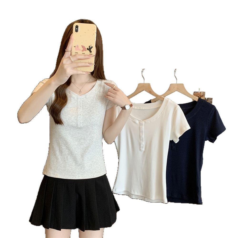 Korean Minimalist Short Sleeve Button T-Shirt for Women - 2025 Chic Slim Fit Design