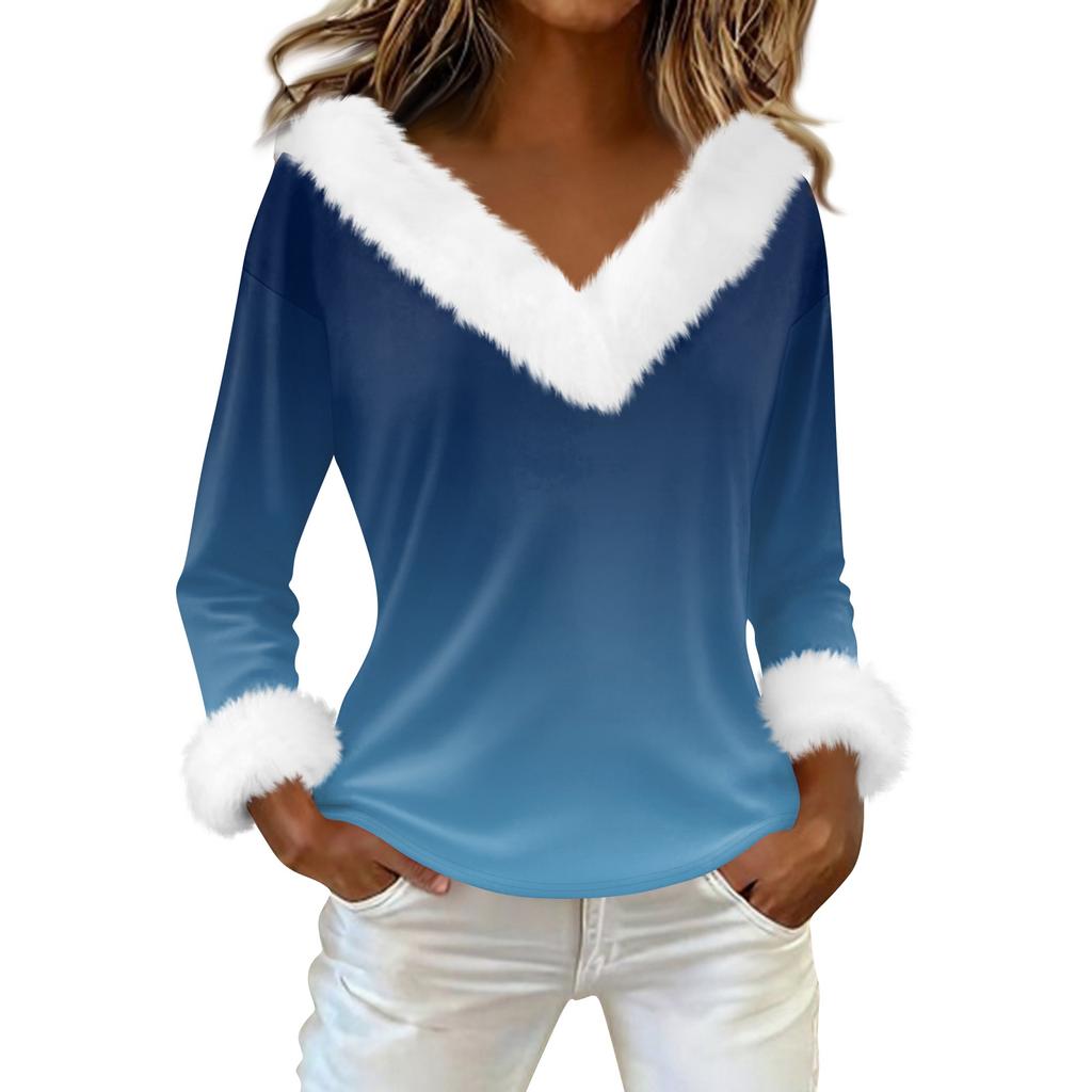 Women's T Shirt Tee Print Shirt Long Sleeve Party Fleece Collar V Neck  Top