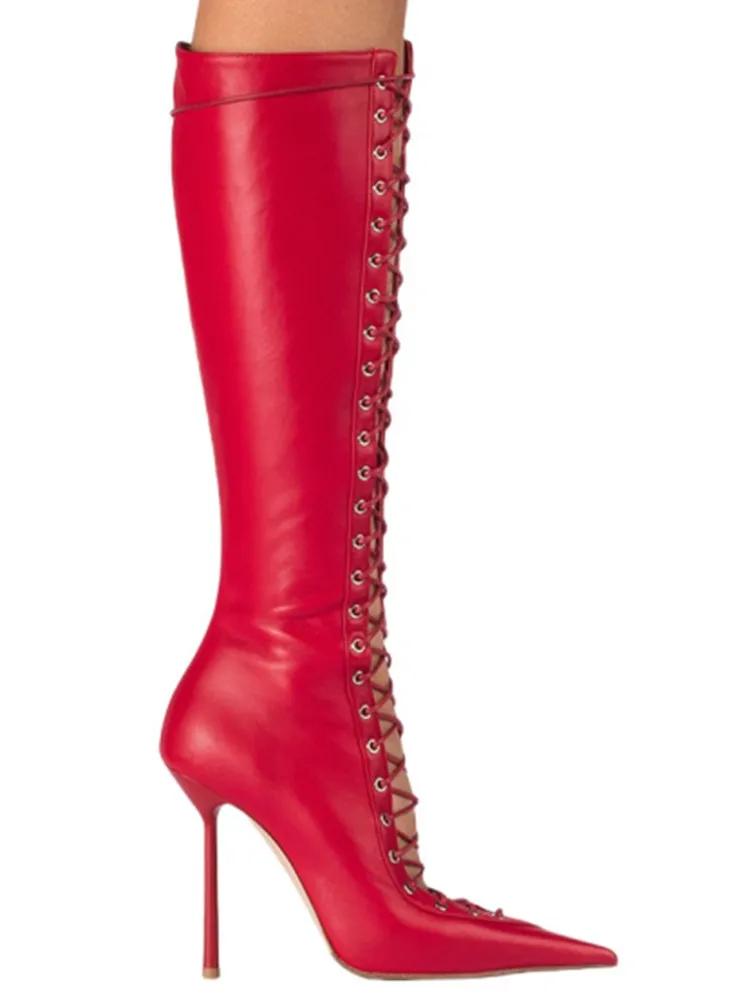 2025 Vår/Sommer Ny Snøring Korte Kule Støvletter Sideglidelås Bankett Slim Fit Høy Hæl Sexy Knelange Damestøvletter