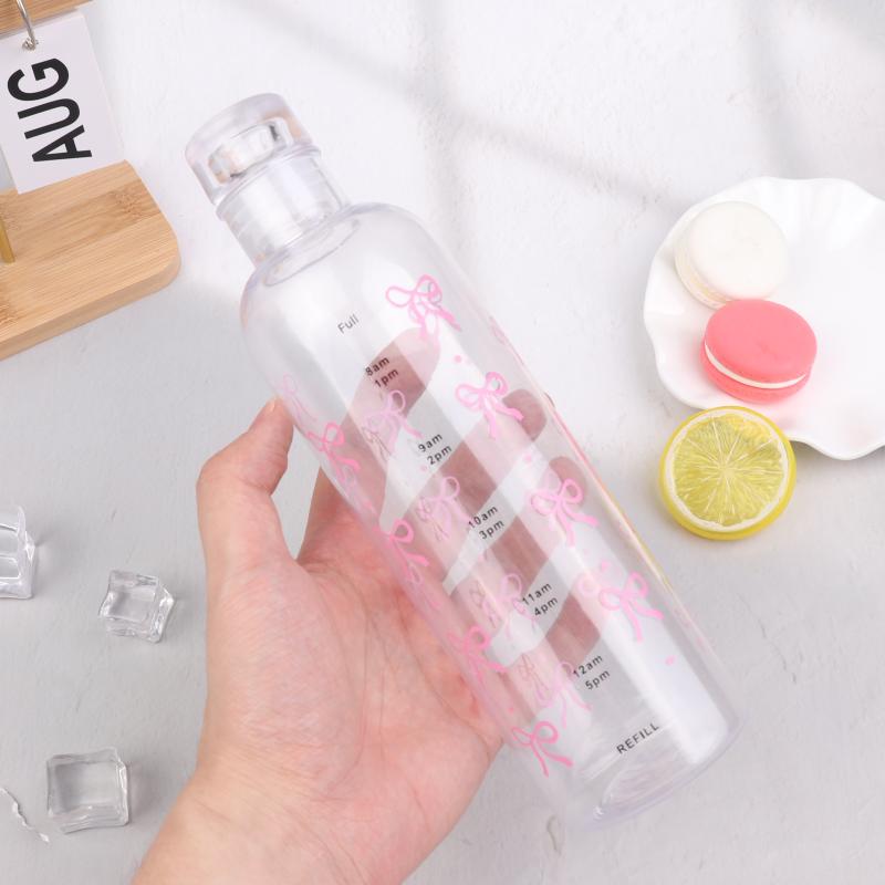 Kawaii Bow Plastic Water Bottle With Time Scale Transparent Water Cup For Outdoor Sports Drinking 500Ml Juice Milk Water Bottle