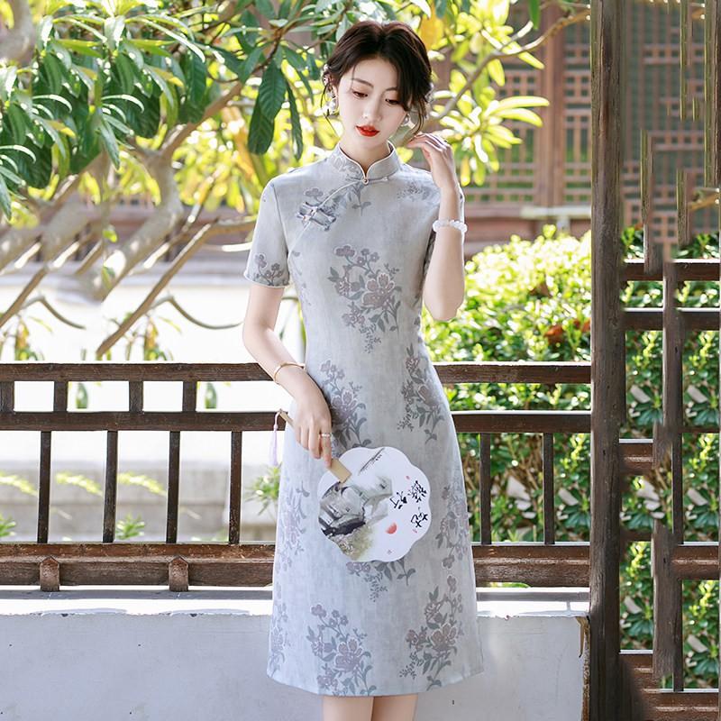 Elegant Modern Cheongsam Dress Women 2026 Stand Collar Three-Quarter Sleeve Lightweight Stretch Fabric