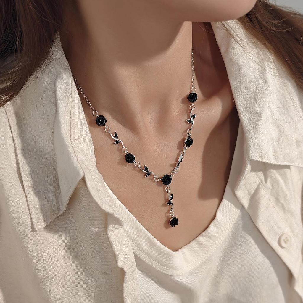 Elegant High-End Women's Retro Silver Fairy Jewelry Set: Black Knight Rose Earrings, Bracelet & Necklace