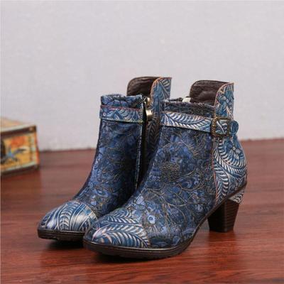 Stivali con tacco alto Scarpe da donna Retro Vera pelle Patchwork Stampa Stivaletti corti