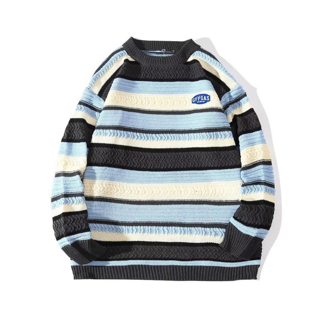 Men's Trendy Autumn Striped Knit Pullover Sweater, Casual Loose Fit, Round Neck, Long Sleeve