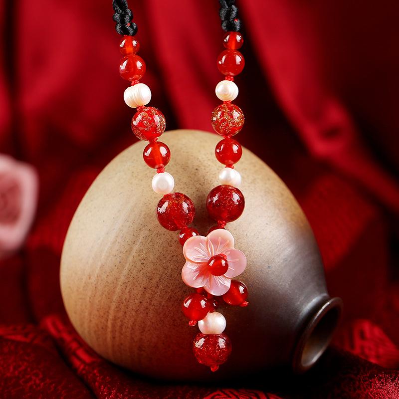 Chinese style retro short collarbone chain freshwater pearl agate glazed classical pendant simple temperament necklace women