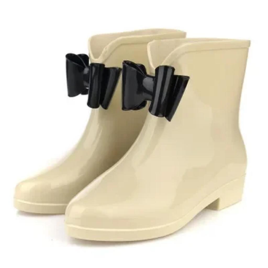 Women's Rain Shoes Short-tube Spring and Autumn Rain Boots Knot-bow Low-top Boots White-collar Waterproof Shoes Rubber Overshoes