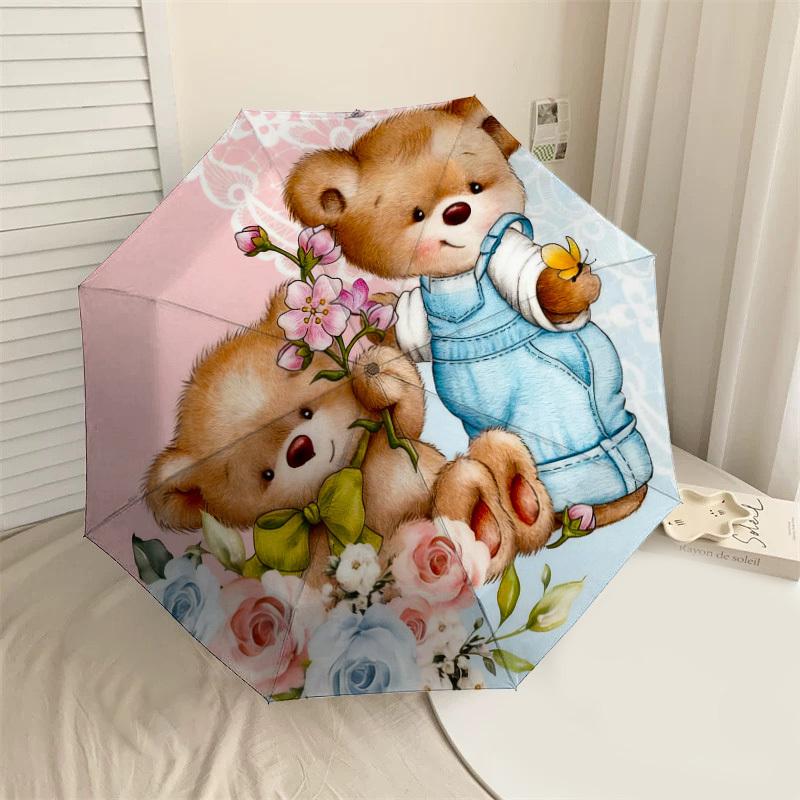 1pc Teddy Bears Flowers Automatic Folding Umbrella, Heavy Duty 8 Rib Iron Frame, Suitable for Travel, Daily Use, Birthday, Decor Gift m0104025