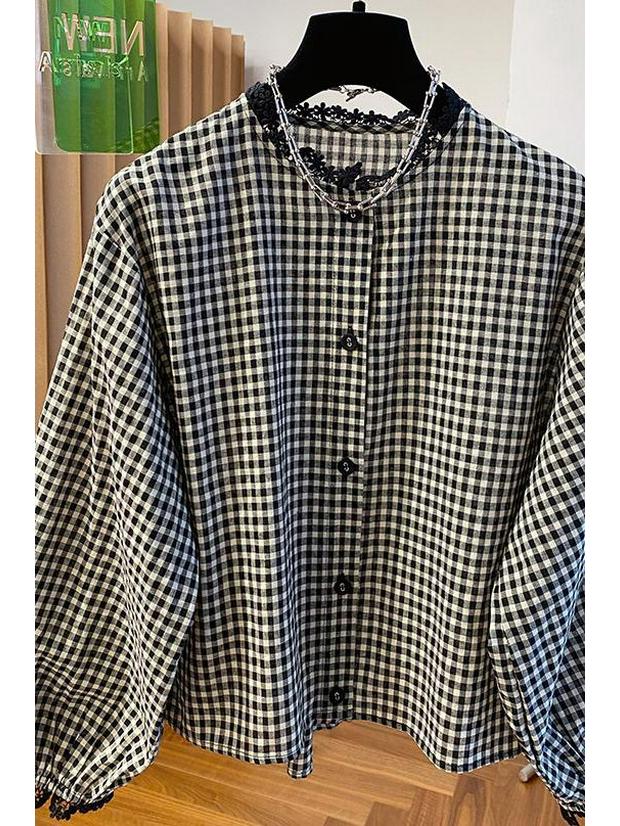Women's Long Sleeve Korean Plaid Shirt with Lace Ruffles - Black & White, Spring 2026