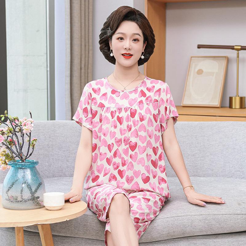 Pijamas de seda y algodón de verano para mujer: Conjunto holgado de dos piezas de manga corta para personas de mediana edad y mayores, talla grande, ideal para exteriores.