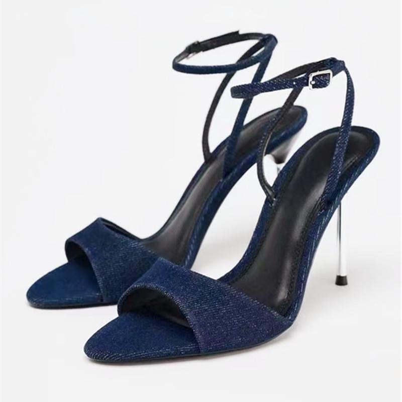 Denim Blau Dünne High Heels Sandalen Damen Sexy Peep Toe Knöchelriemen Schnalle Hohe Absätze Sommer Elegante Pumps Komfort Lässig Sandalen