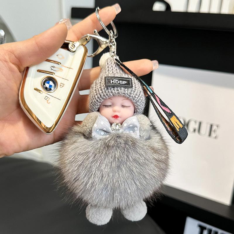 Pompom Sleeping Doll Keychain Cute Fluffy Plush Doll Keychains Women Girl Bags Keyrings Cars Key Ring Gift Charming Decoration