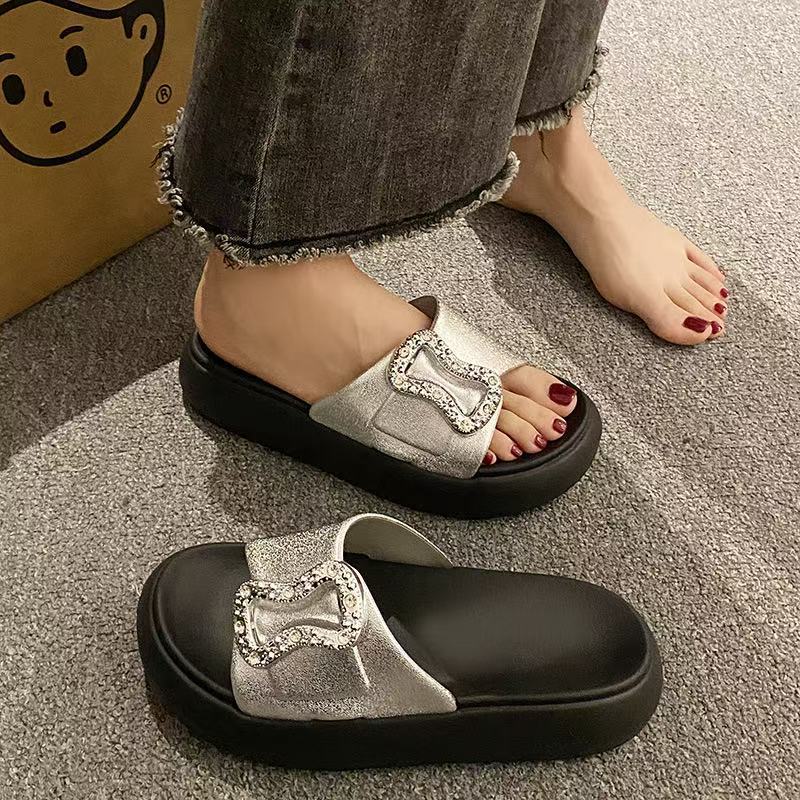 

Мода 2025 Лето Новые Женские Круглые Балетки Комфортные Толстая Подошва Женские Тапочки Простые Универсальные Женские Сандалии Sandalias De Mujer 40-41 серебряный