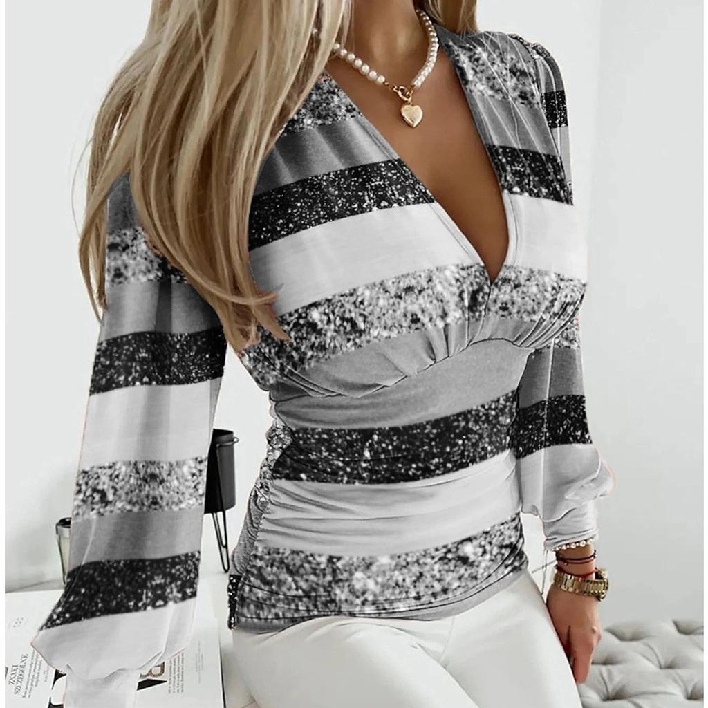 YYFS Women's Fashion Casual Spring Fall Stripe Print Long Sleeve V-Neck Blouses & Shirts