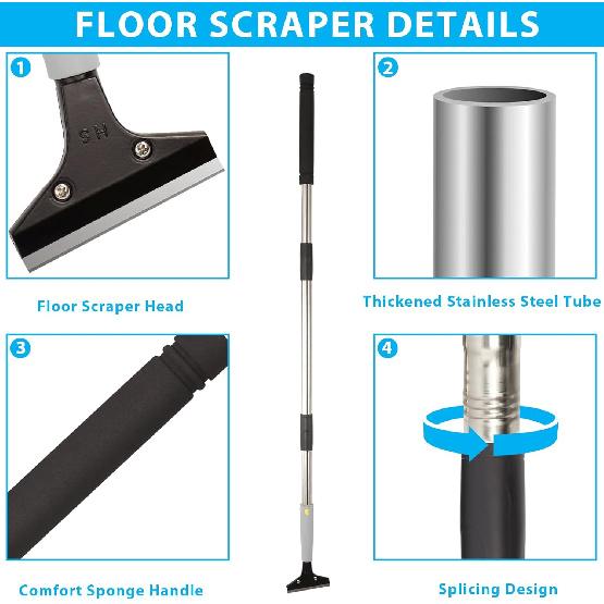 Floor Scraper, 31" to 61" Scraper Tool Long Handle with 4-inch Razor Blade Stainless Steel Material Adjustable Cleaning Glass Wall Gum Paint Tile