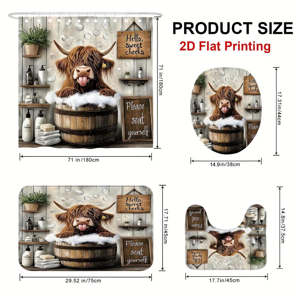 Funny Highland Cow Shower Curtain Set Farmhouse Bathroom Decor Washable Fabric Curtain With Rugs