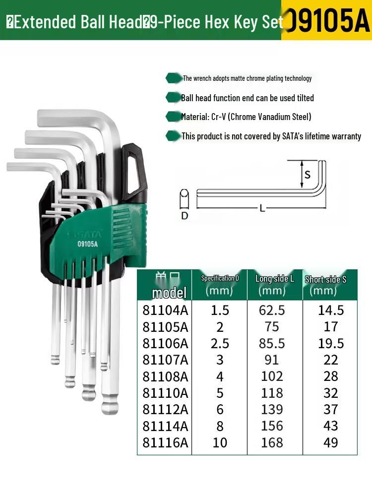 SATA Extra Long Hex & Torx Wrench Set with Ball & Flat Heads