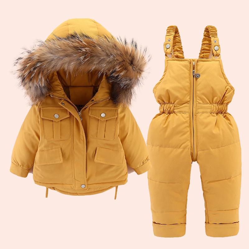 2024 Winter Kids' Down Jacket Set: Korean Style, Big Fur Collar, Two-Piece for Boys and Girls