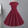 Women Dress V Neck Belted Bow Decor A-line Big Swing Tight High Waist Solid Color Retro Short Sleeve Princess Style Lady Midi Dress