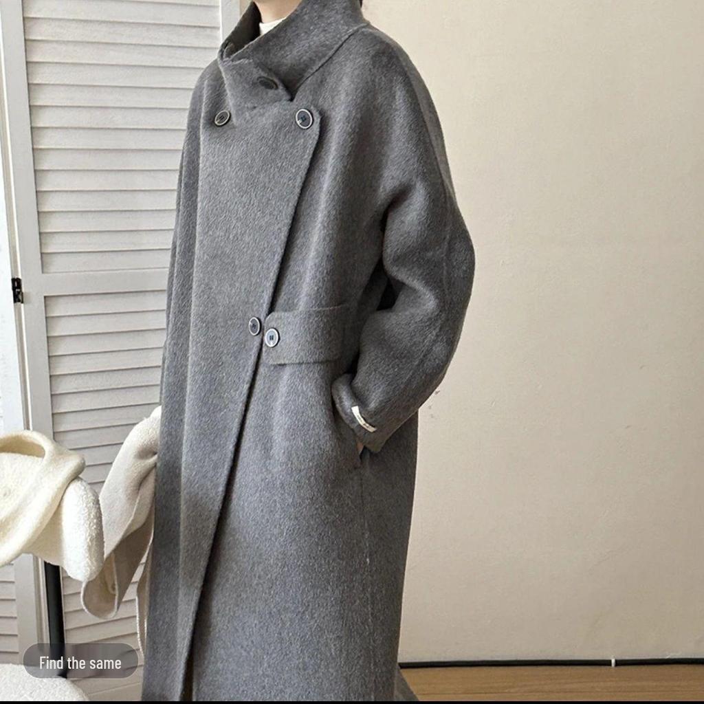 2025 Autumn/Winter Women's Hepburn-Style Stand-Collar Wool Cashmere Overcoat