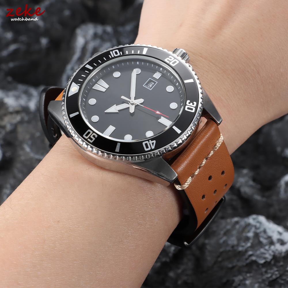 20mm 22mm für Seiko Naht Sport Lederarmband Herren Atmungsaktiv Porös Echtes Leder Uhrenarmband Schwarze Schließe Armband Gürtel