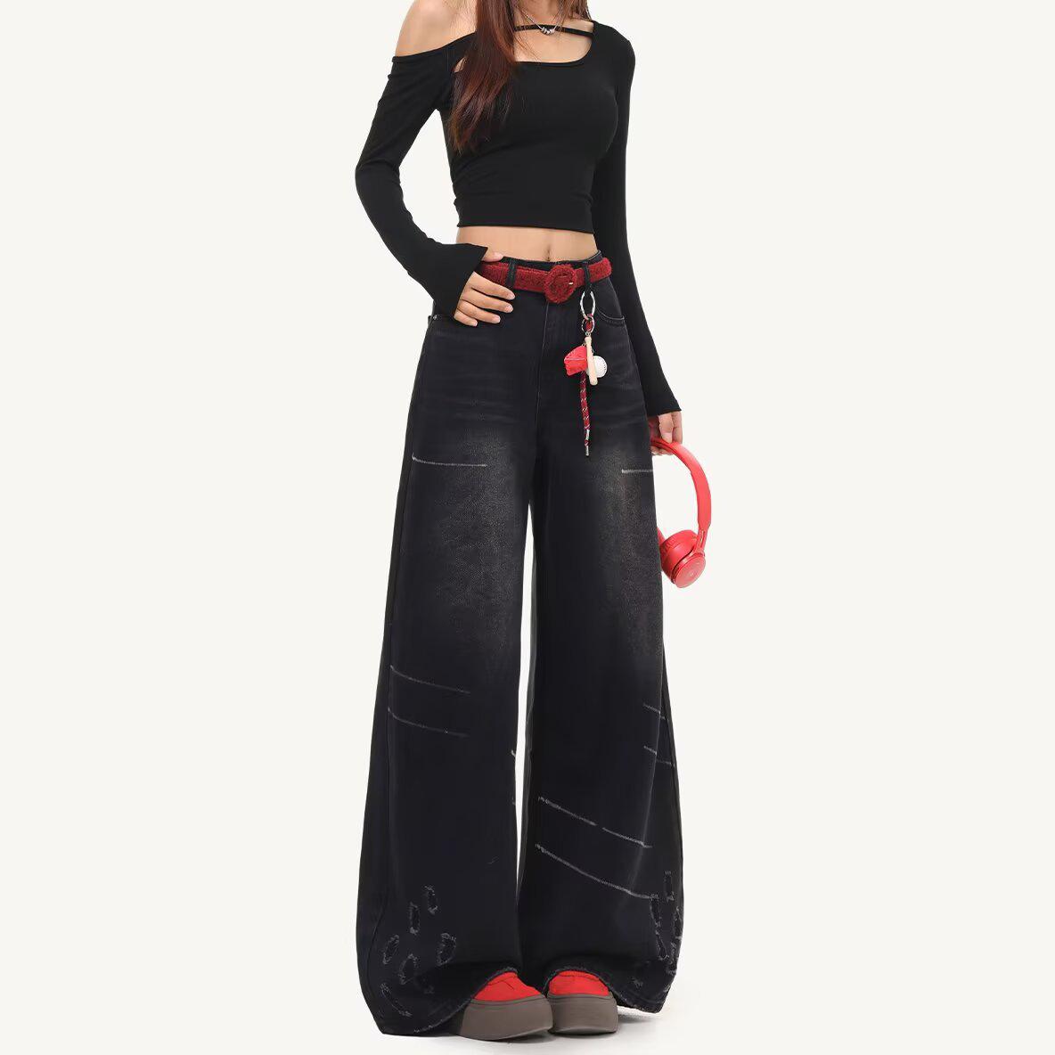 

Vintage Casual Wide-Leg Jeans - Unisex Washed Denim for Spring & Autumn M чёрный