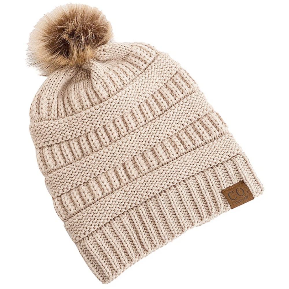 New Anti-Static Beanie Hat Satin Lined Faux Fur Pom Pom Beanies Hat For Woman Winter Warm Knit Hats