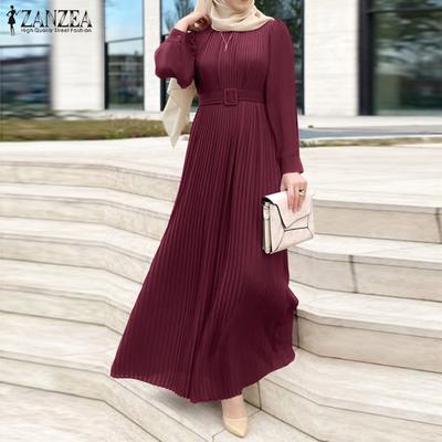 Women Casual Round Neck Long Sleeve Pleated Long Dress