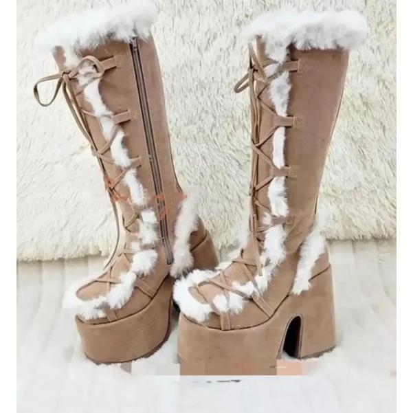New Winter Women Snow Boots Platform Wedge High Heel Faux Fur Lady Shoes Female Plush Warm Non-slip Mid Calf Boots Goth Shoes