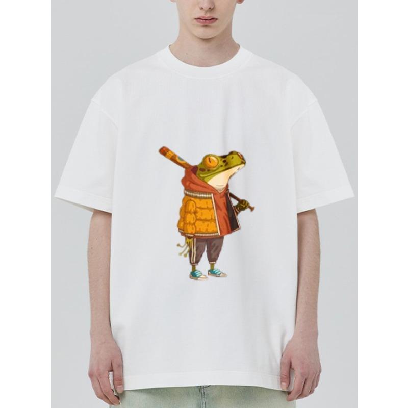 Crewneck T Shirt White Frog Warrior Cartoon Print Casual Wear for Men and Women Daily Outfits Streetwear Fashion Summer Top