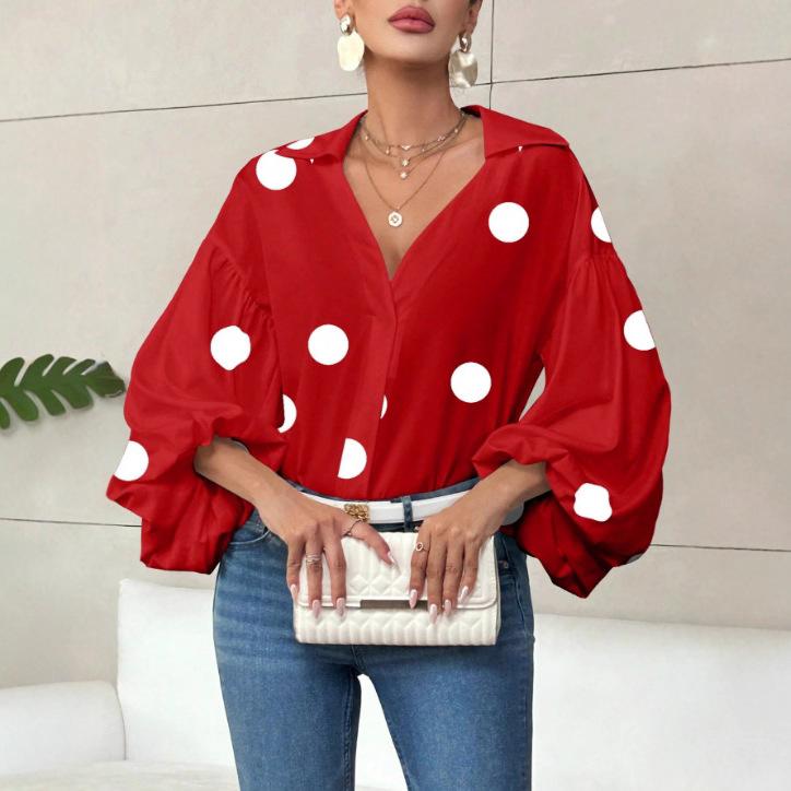 Women's Polka Dot V Neck Oversized Blouse Puff Long Sleeve Loose Shirt