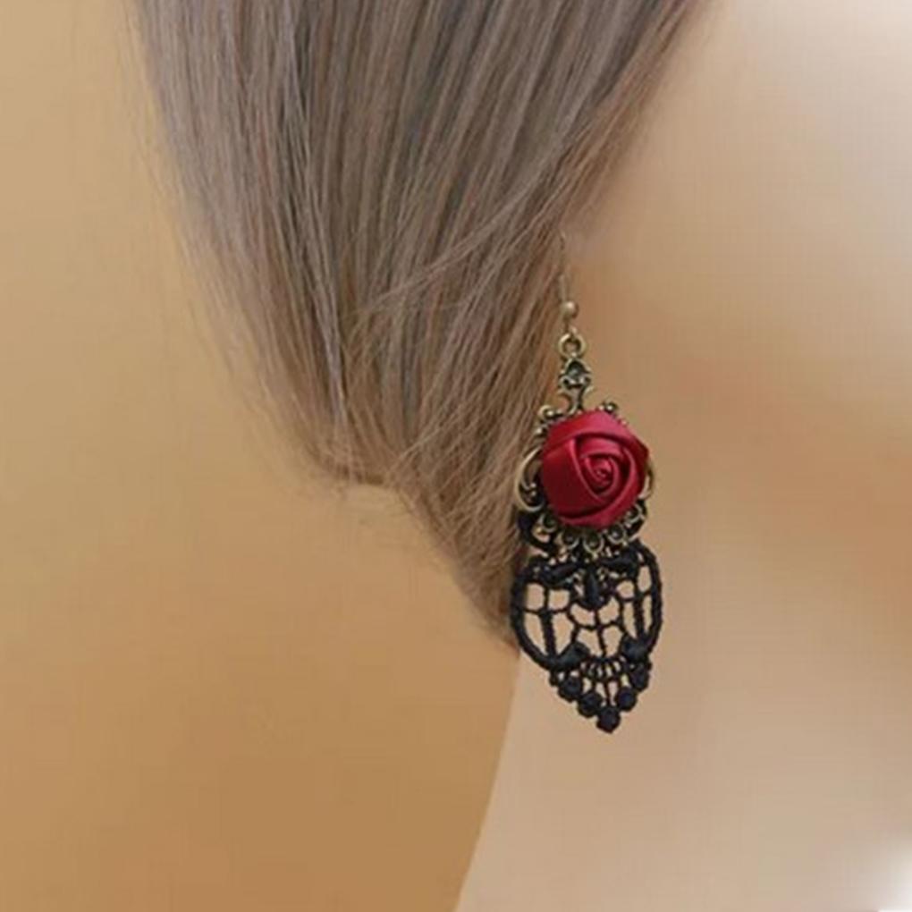 Gothic Dangle Earrings Medieval Retro Vampire Silk Red Rose Lace Elegant Party Costume Ball Drop Earrings Women Jewelry