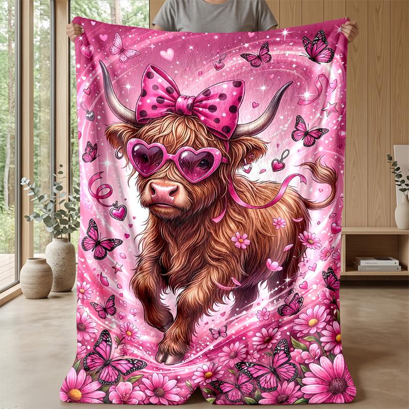Pink Cow with Strawberry Ice Cream Theme blanket Lightweight Warm Flannel Blanket Decorative Throw Blanket for Home Decoration