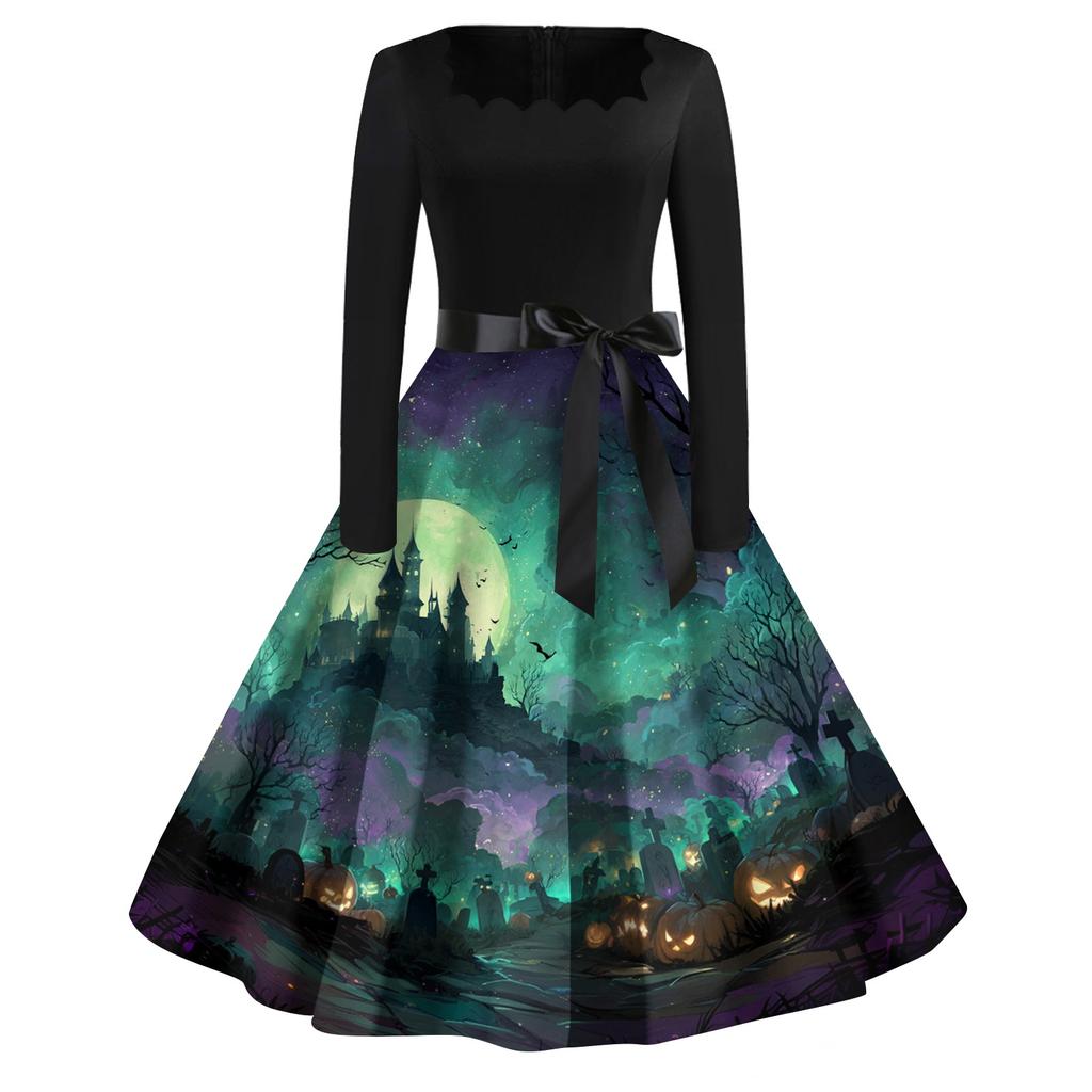 Robe décontractée vintage pour femme avec imprimé Halloween, col carré, manches longues, ceinture à la taille, style rétro, jupe évasée