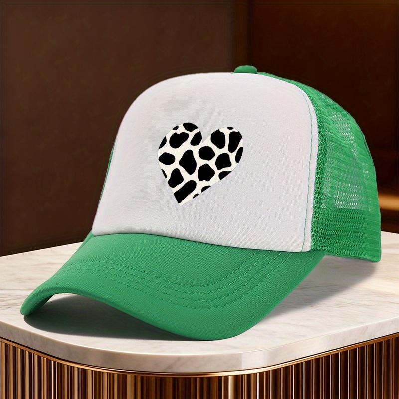 

Cow Print Heart Mesh Trucker Hat Polyester Casual Unisex Snapback Adjustable Cap One Size