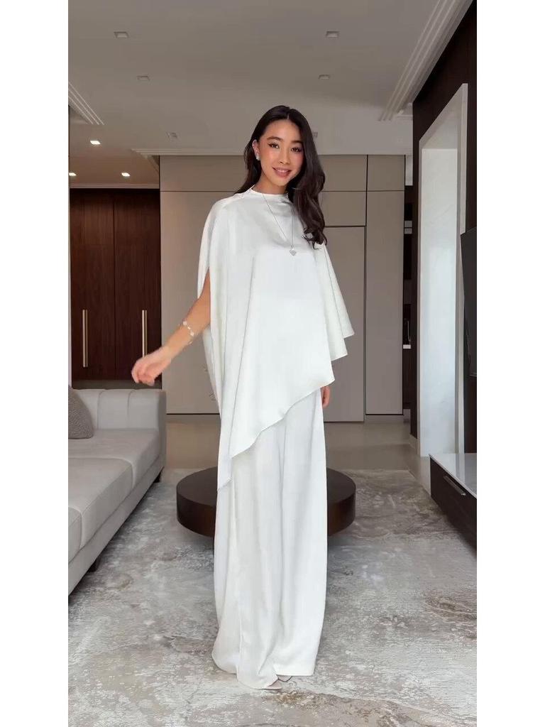 2026 Spring White Wide-Leg Pants Suit: Casual Two-Piece with Irregular Design