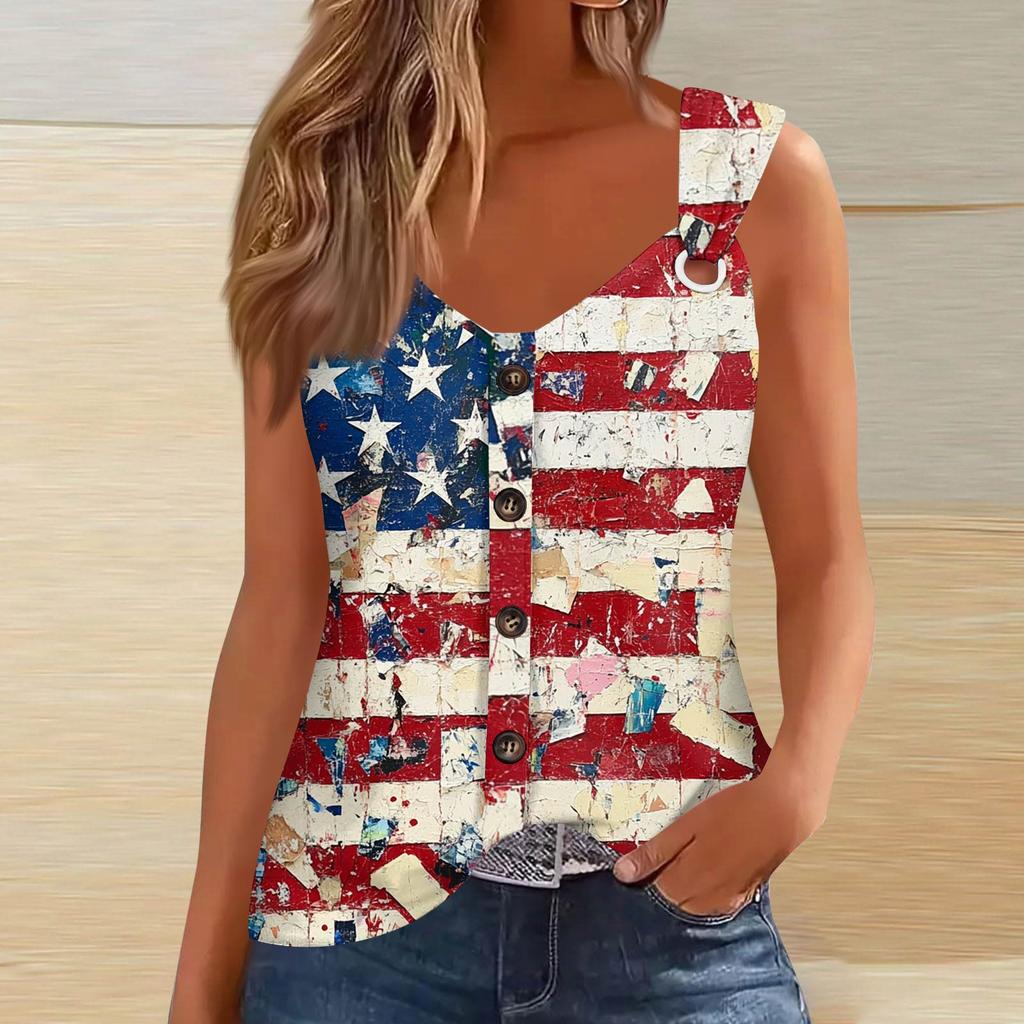 Women's Fashion Casual Loose Sleeveless Buttoned V-Neck Independence Day Printed T-Shirt Top