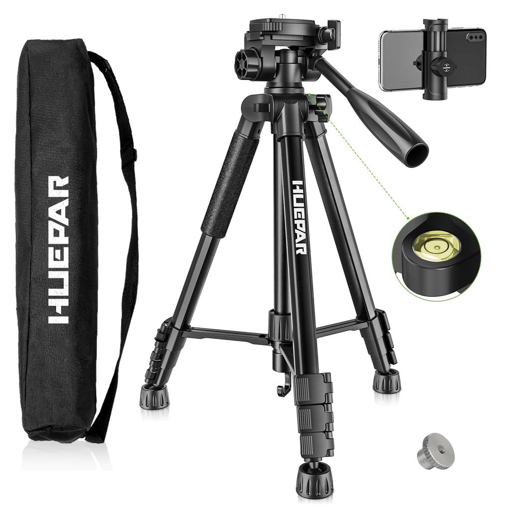 Huepar Professional Laser Level Tripod for Laser Levels 146cm Adjustable Distance Thread 10kg Weight and Phone Holder – Stand, Heavy-Duty Measurement,