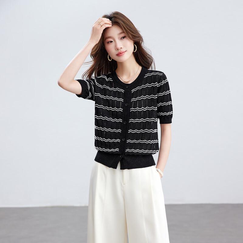 Srcr Women s Silk Blend Wavy Knit Short Sleeve Cardigan XL