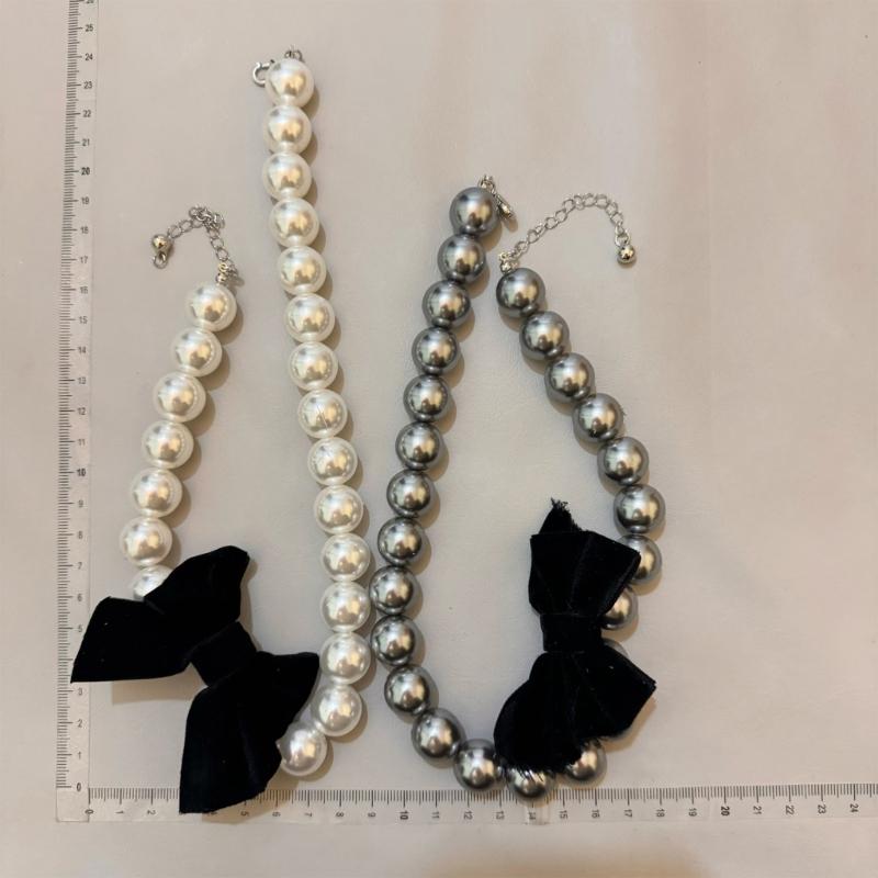 Colar Punk com Pérolas e Contas, com Pingente Larga Laço Preto, Correntes de Pescoço Góticas da Moda para Mulheres