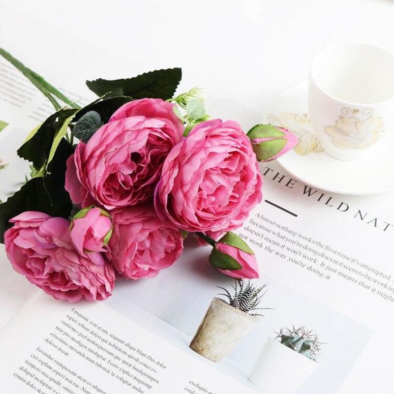 30cm Rose Pink Silk Bouquet Peony Artificial Flowers 5 Big Heads 4 Small Bud Bride Wedding Home Decoration Fake Flowers Faux