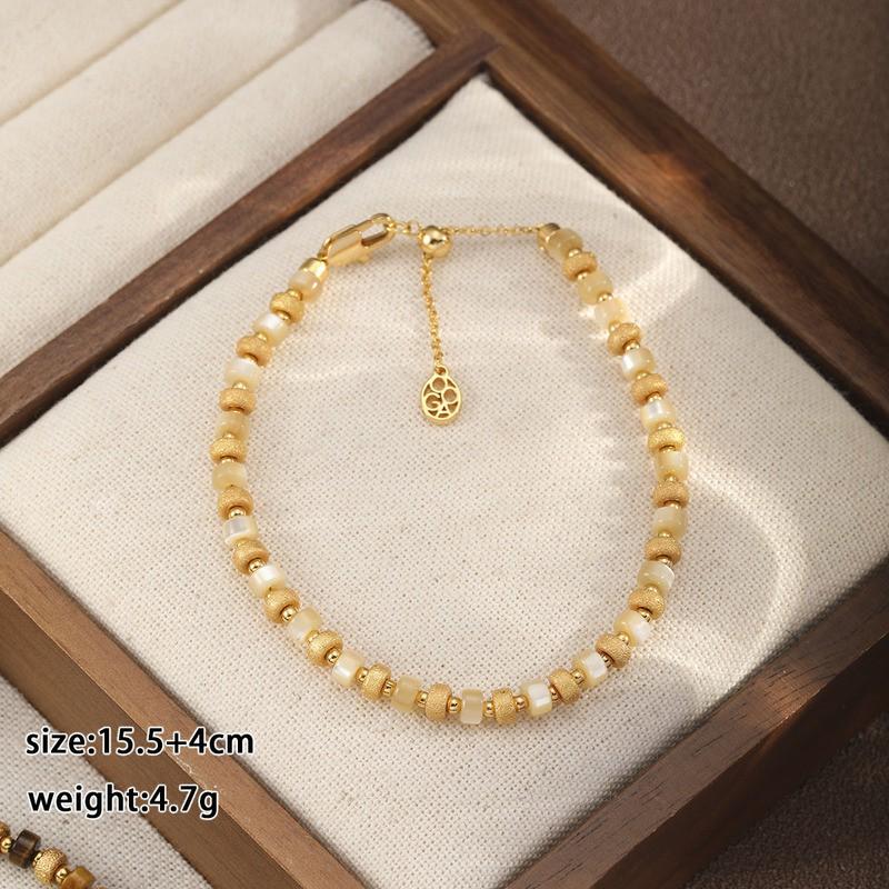 Elegant Geometric Pearl Tigers Eye Beaded Bracelet Women Vintage Chic Copper Plated Gold Handcrafted Jewelry Shell Pearl Copper Accessories NL03413B