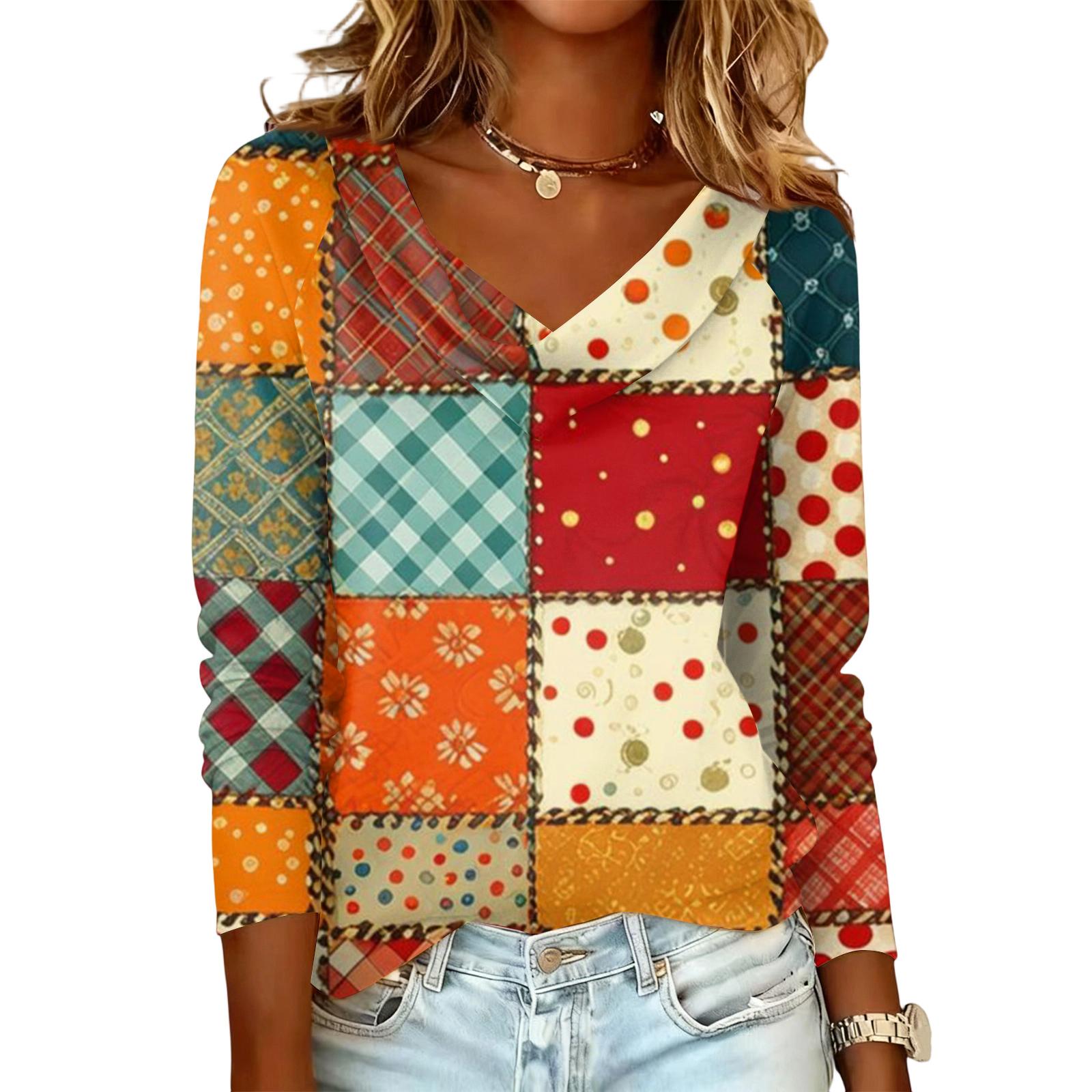 

Ladies plaid printed casual and fashionable long sleeved pullover top XL шафрановий