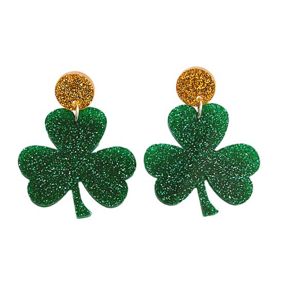 St Patricks Day Earrings Lightweight Acrylic Glitter Shamrock Earrings Sparkly Lucky Clover Dangle Drop Earrings for Women Holiday Party Accessories