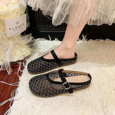 Women's Flat Slippers 2025 Summer Sandals Luxury Ballet Flats Mesh Mary Jane Shoes Ladies Summer Loafers Fashion Half Slippers